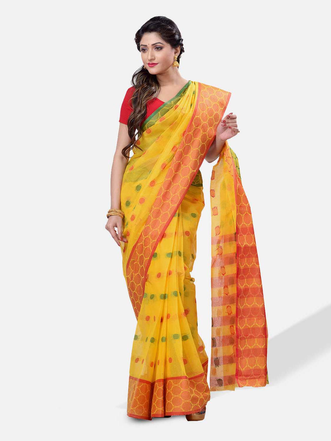 Women Ganga Jamuna Bengal Handloom Cotton Tant Saree Without Blouse Piece (DBGANGAJ5_yellow_red)